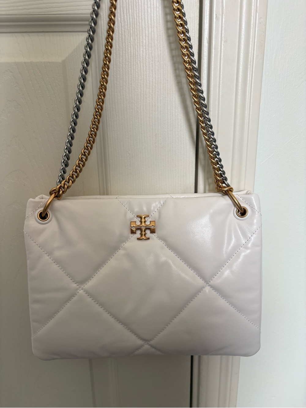 Tory Burch Quilted Cream Shoulder Bag with Gold & Silver Chain